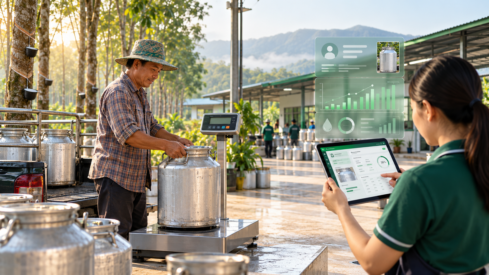 เกษตรกรส่งน้ำยางสดและพนักงานบันทึกข้อมูลด้วยโปรแกรม AgriTech Plus